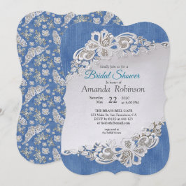 Invitación Denim azul, encaje - Perlas de marfil