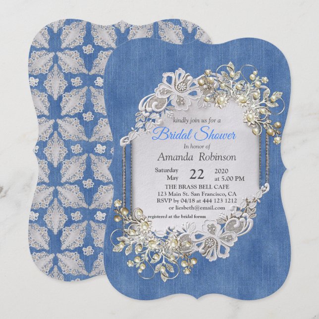 Invitación Denim azul, encaje - Perlas de marfil (Anverso / Reverso)
