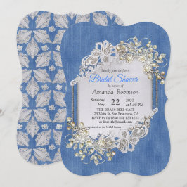 Invitación Denim azul, encaje - Perlas de marfil