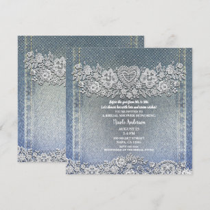 Invitación Denim azul Jean y ducha de novia de encaje blanco