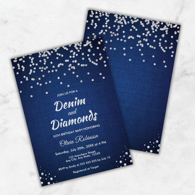 Invitación Denim azul y diamantes 50 cumpleaños (Blue Denim and Diamonds 50th Birthday Invitation   )