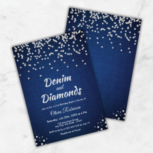 Invitación Denim Azul y Diamantes Cumpleaños 21