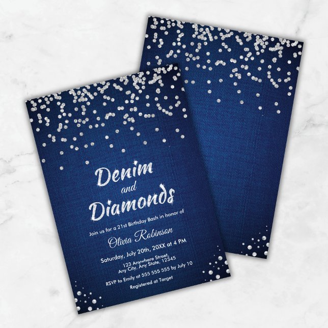 Invitación Denim Azul y Diamantes Cumpleaños 21 (Blue Denim and Diamonds 21st Birthday Invitation )