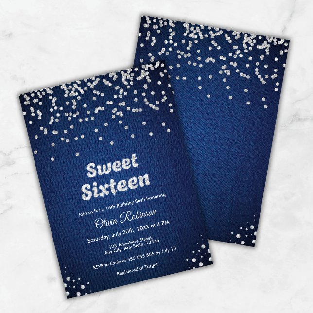 Invitación Denim Azul y Diamantes Dulces Dieciséis Aniversari (Blue Denim & Diamonds Sweet Sixteen 16th Birthday Invitation )