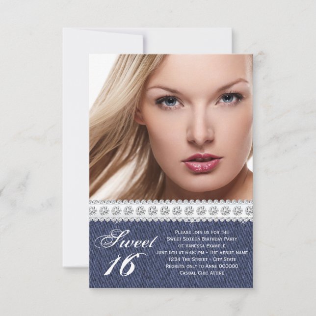 Invitación Denim azul y dulce de diamante Dieciséis Fiestas (Anverso)