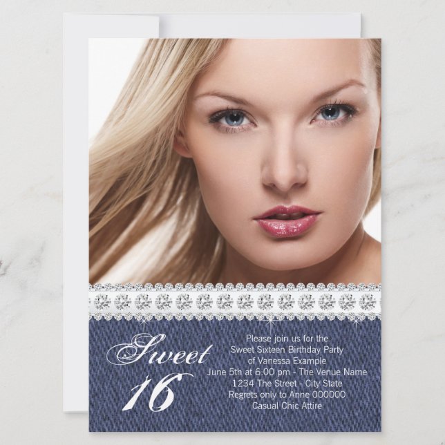 Invitación Denim azul y dulce de diamante Dieciséis Fiestas (Anverso)