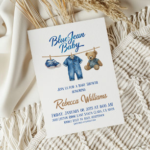 Invitación Denim Bear Clothesline Boy Blue Jean Baby Shower