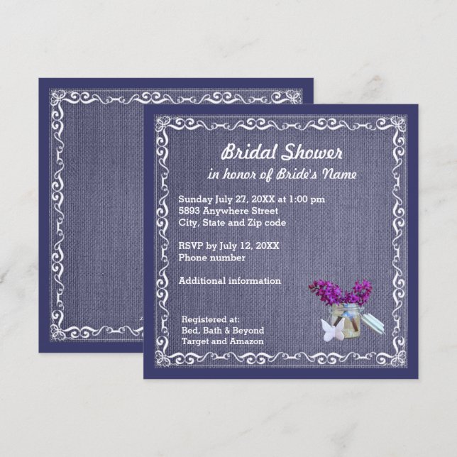 Invitación Denim Blue Burlap, Purple Flower, Jar Bride Shower (Anverso / Reverso)
