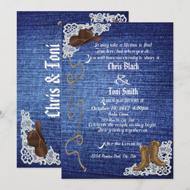 Invitación Denim, Boots & Lace Wedding Invite (Anverso / Reverso)