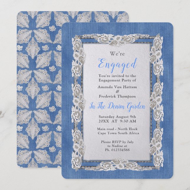 Invitación Denim con cordón de flor crema (Anverso / Reverso)