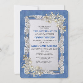 Invitación Denim con crema flor encaje y perlas