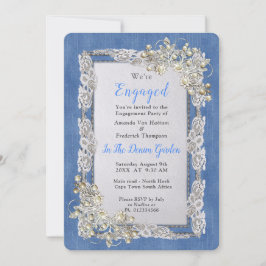 Invitación Denim con crema flor encaje y perlas