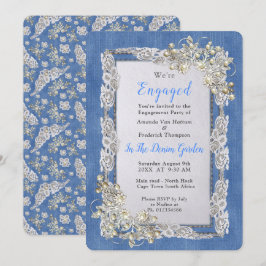 Invitación Denim con crema flor encaje y perlas
