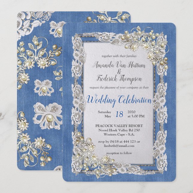 Invitación Denim con crema flor encaje y perlas (Anverso / Reverso)