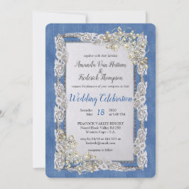 Invitación Denim con crema flor encaje y perlas