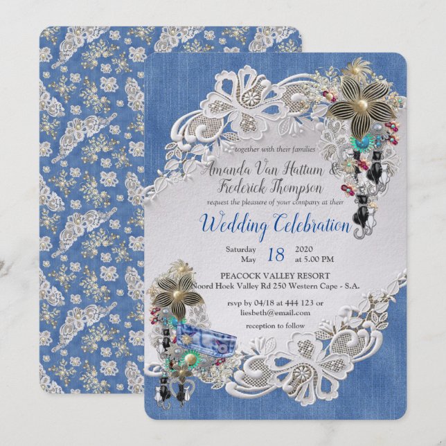 Invitación Denim con encaje de flor crema y joyas de disfrace (Anverso / Reverso)