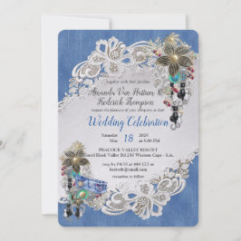Invitación Denim con encaje de flor crema y joyas de disfrace