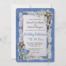 Invitación Denim con encaje de flor crema y joyas de disfrace