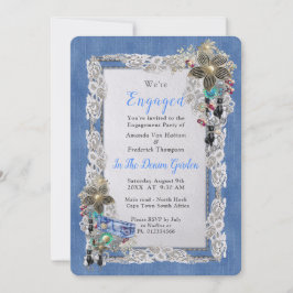 Invitación Denim con encaje de flor crema y joyas de disfrace