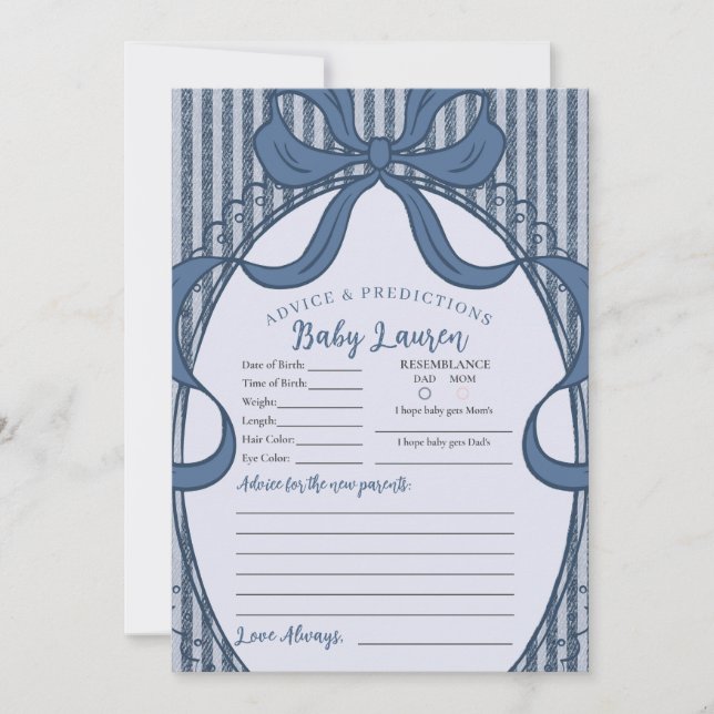 Invitación Denim Coquette Bow Blue Jean Advice for Baby Card (Anverso)