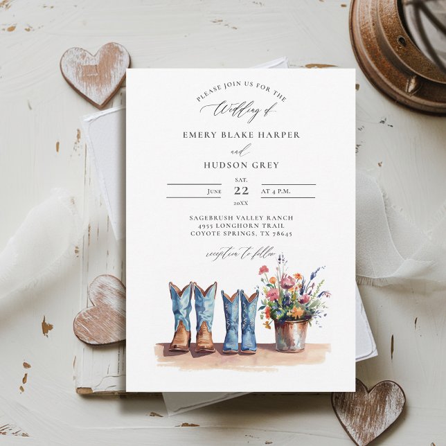 Invitación Denim Country Boots Flores silvestres Boda Rústico (country wedding invitation rustic western barn watercolor cowboy denim boots wildflowers calligraphy)