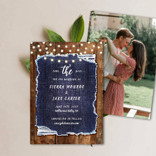 Invitación Denim De Madera Rústica Escribiendo Boda De Fotogr