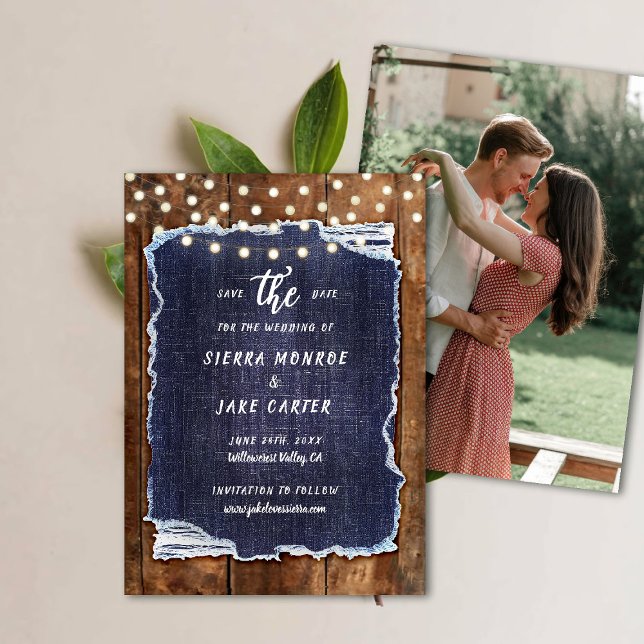 Invitación Denim De Madera Rústica Escribiendo Boda De Fotogr (rustic wedding save the date cowboy barn wood denim string lights ranch country western hand written)