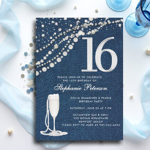 Invitación Denim Diamantes Perlas Champán  EleganteCumpleaños