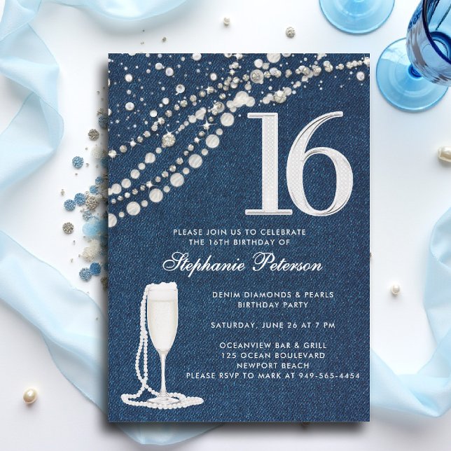 Invitación Denim Diamantes Perlas Champán  EleganteCumpleaños (sweet 16 sixteen invitation denim diamonds pearls blue white champagne bling elegant classy photo)