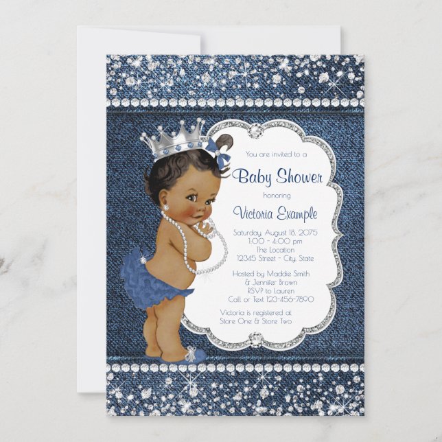 Invitación Denim Diamond African American Chica Baby Shower (Anverso)