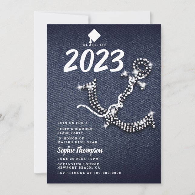 Invitación Denim Diamond Anchor Beach Blue Graduation Party (Anverso)