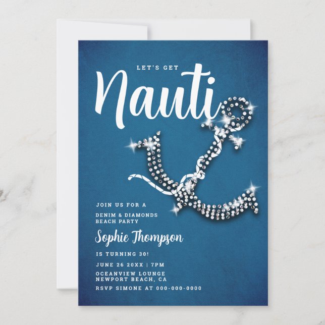 Invitación Denim Diamond Anchor Nauti Blue Birday Party (Anverso)