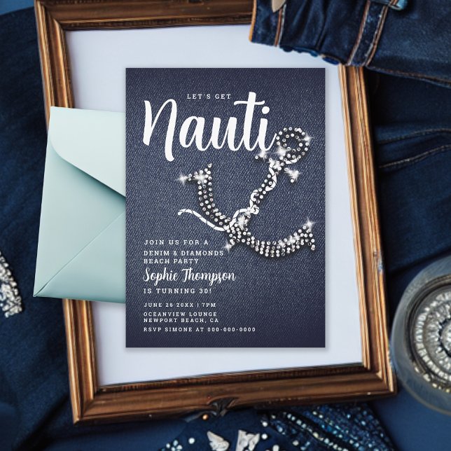 Invitación Denim Diamond Anchor Obtén Nauti Birthday Party (Denim and Diamonds Boat Anchor 30th Birthday Party Invitation Jeans Bling Glitter Elegant Classy)