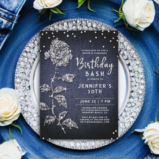 Invitación Denim Diamond Bling Rosa Indigo Azul 30 cumpleaños (denim and diamonds birthday invitation 30th women bling rose rhinestones glitter glitz glam classy)