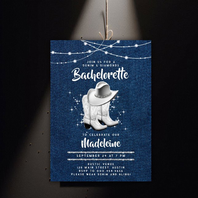 Invitación Denim Diamond Cowgirl Gorra Boots Moda Bachelorett (denim and diamonds bachelorette party invitation white cowgirl boots hat rhinestones rustic chic)