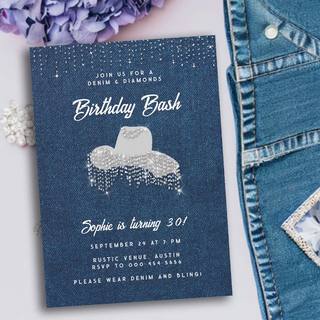 Invitación Denim Diamond Cowgirl Gorra Diamante de imitación  (denim and diamonds 30th birthday women elegant classy stylish jean cowgirl hat western country)