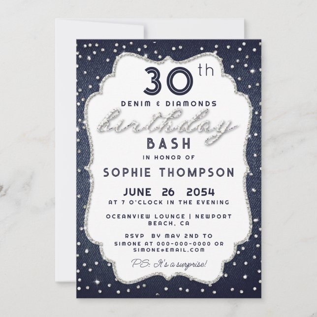 Invitación Denim Diamond Purpurina Cualquier Fiesta de cumple (Anverso)