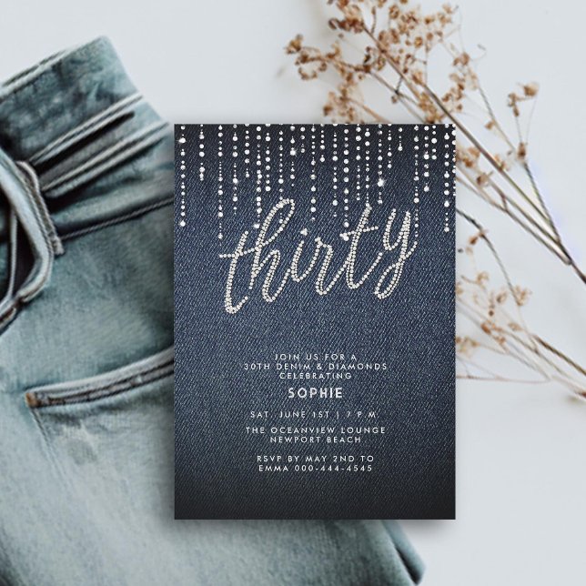 Invitación Denim Diamond Purpurina Drips 30 cumpleaños modern (denim diamonds 30th birthday for women invitation glitter drippings drips modern calligraphy simple)
