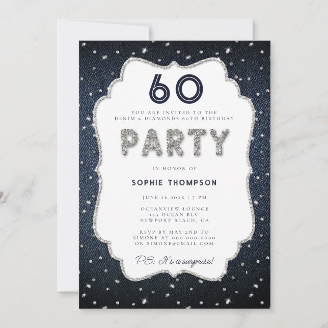 Invitación Denim Diamond Purpurina Frame 60th Birthday Party (Anverso)