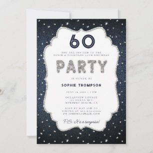 Invitación Denim Diamond Purpurina Frame 60th Birthday Party
