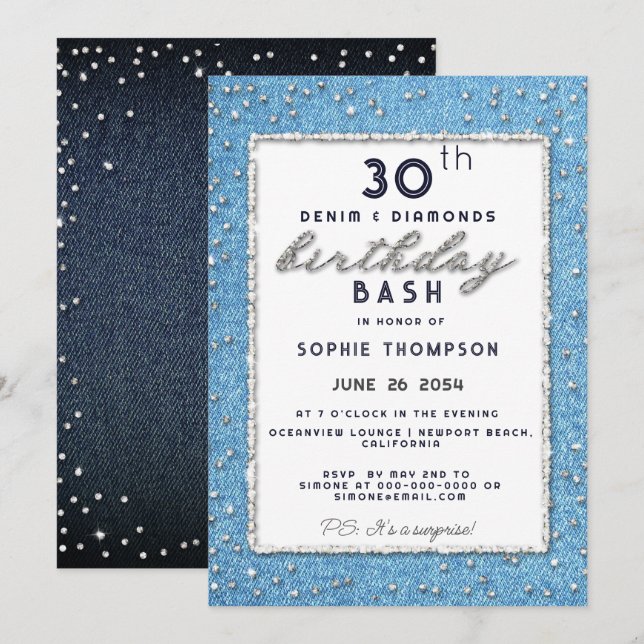 Invitación Denim Diamond Purpurina Frame Any Age Birday Party (Anverso / Reverso)