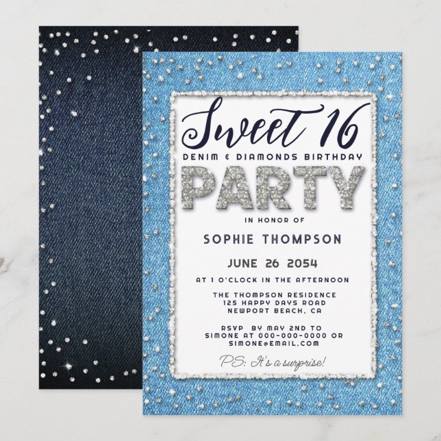 Invitación Denim Diamond Purpurina Frame Sweet 16 Fiesta Girl (Anverso / Reverso)