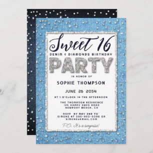 Invitación Denim Diamond Purpurina Frame Sweet 16 Fiesta Girl