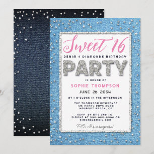Invitación Denim Diamond Purpurina Frame Sweet 16 Fiesta Rosa