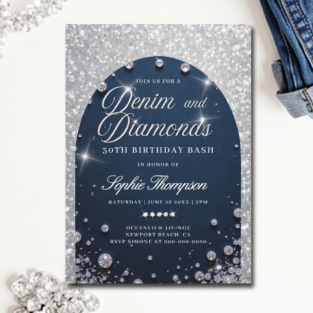 Invitación Denim Diamonds Arch Bling 30th Birthday Fiesta (denim and diamonds birthday party invitations 30th 50th sweet 16 elegant classy blue white bling)