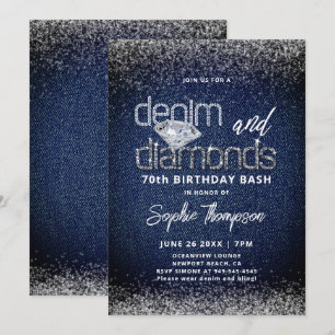 Invitación Denim Diamonds Azul Blanco Elegante 70 Cumpleaños