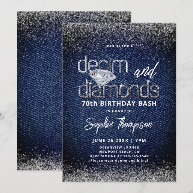 Invitación Denim Diamonds Azul Blanco Elegante 70 Cumpleaños (Anverso / Reverso)