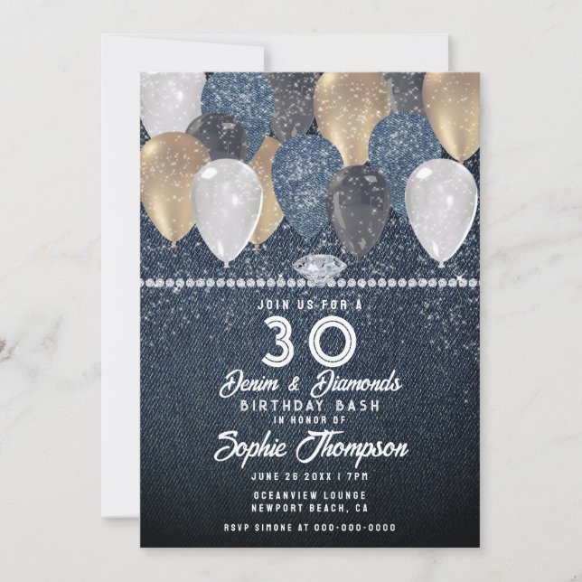 Invitación Denim Diamonds Balloon Sparkle 30th Birthday Fiest (Anverso)