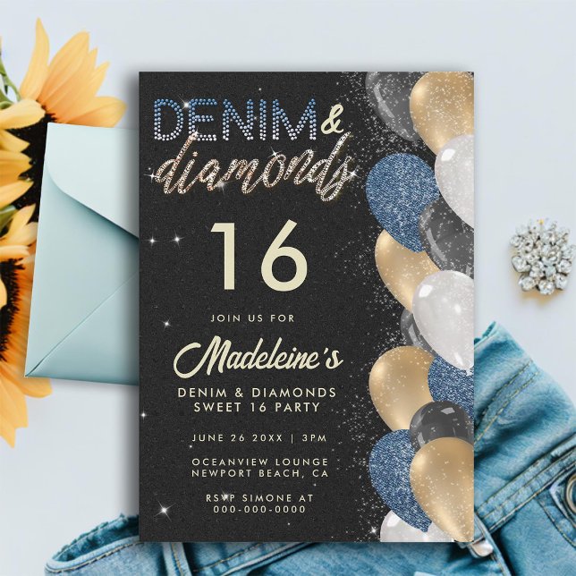 Invitación Denim Diamonds Balloons Arch Sweet 16 Cumpleaños (denim diamonds sweet 16 balloon arch denim gold black elegant girly chic modern trendy sweet )