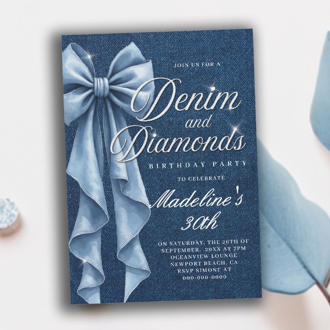 Invitación Denim Diamonds Blanco Azul Lazo Glam 30 Cumpleaños (denim and diamonds 30th birthday party invitation blue white coquette bow bling sparkles classy)